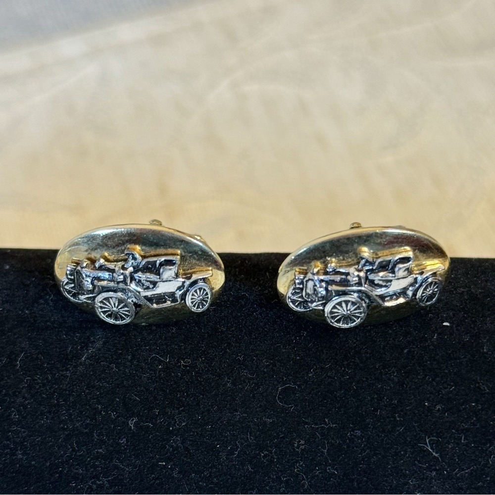 Vintage Style Old Timer Car Oval Gold and Silver Tone‎ Cufflinks Torpedo Swivel